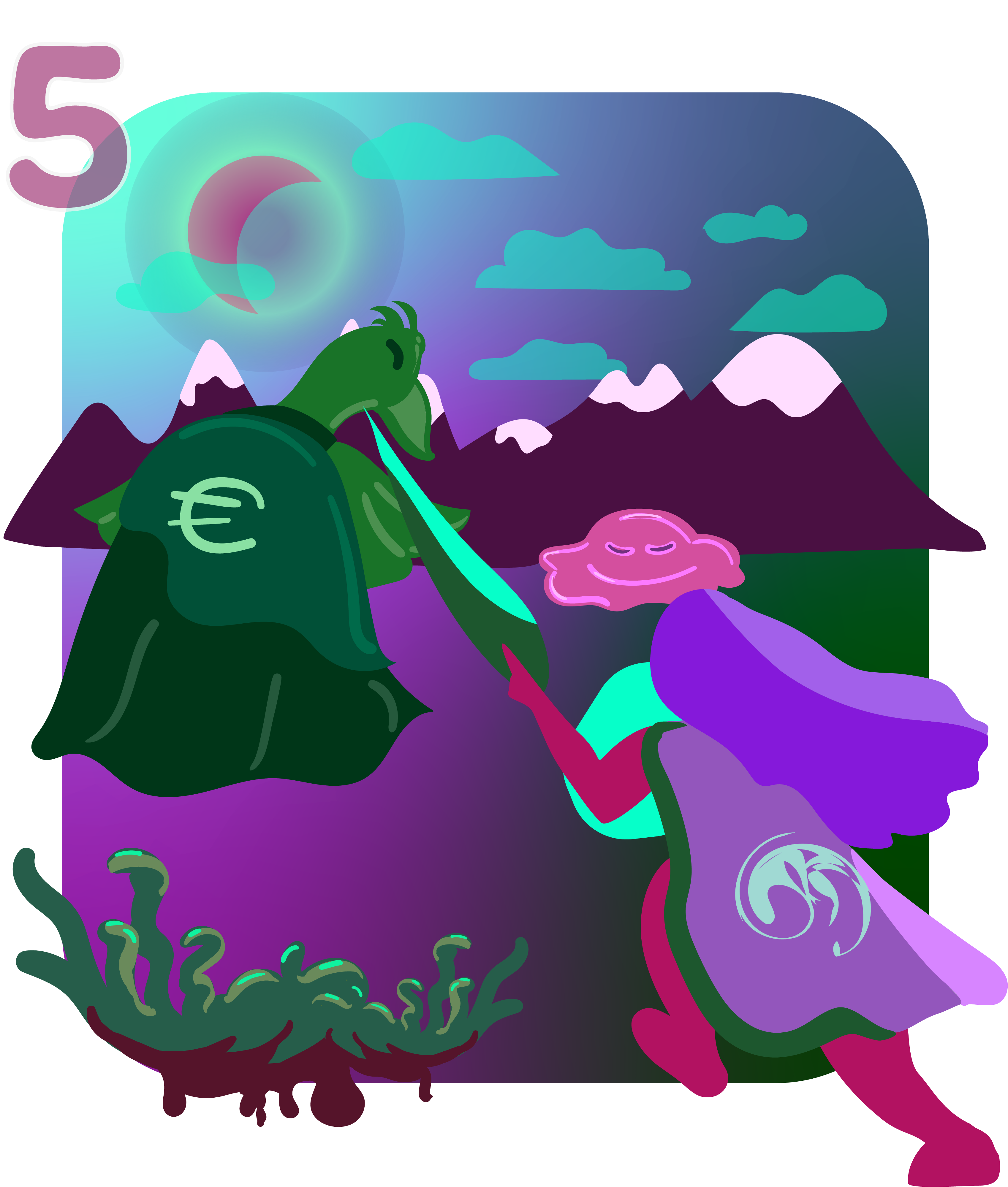 a purple hero with flowing hair runs heroically towards monsters in the horizon